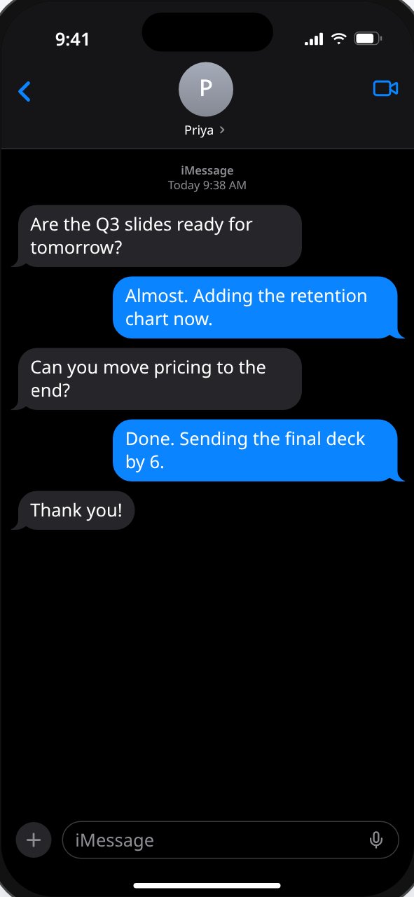 Example screenshot made with MockMessage: a dark-mode iPhone conversation with Priya about Q3 presentation slides